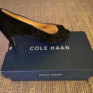 Cole Haan, black suede peep-toe heel, size 6.5, new in-box
